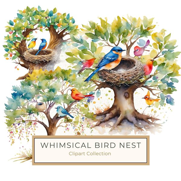 Watercolor Bird Nest Clipart: Whimsical Garden Art (JPG & PNG)