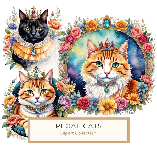 Whimsical Royal Crowned Cat Clipart: Regal Pet Portraits PNGs, Commercial Use