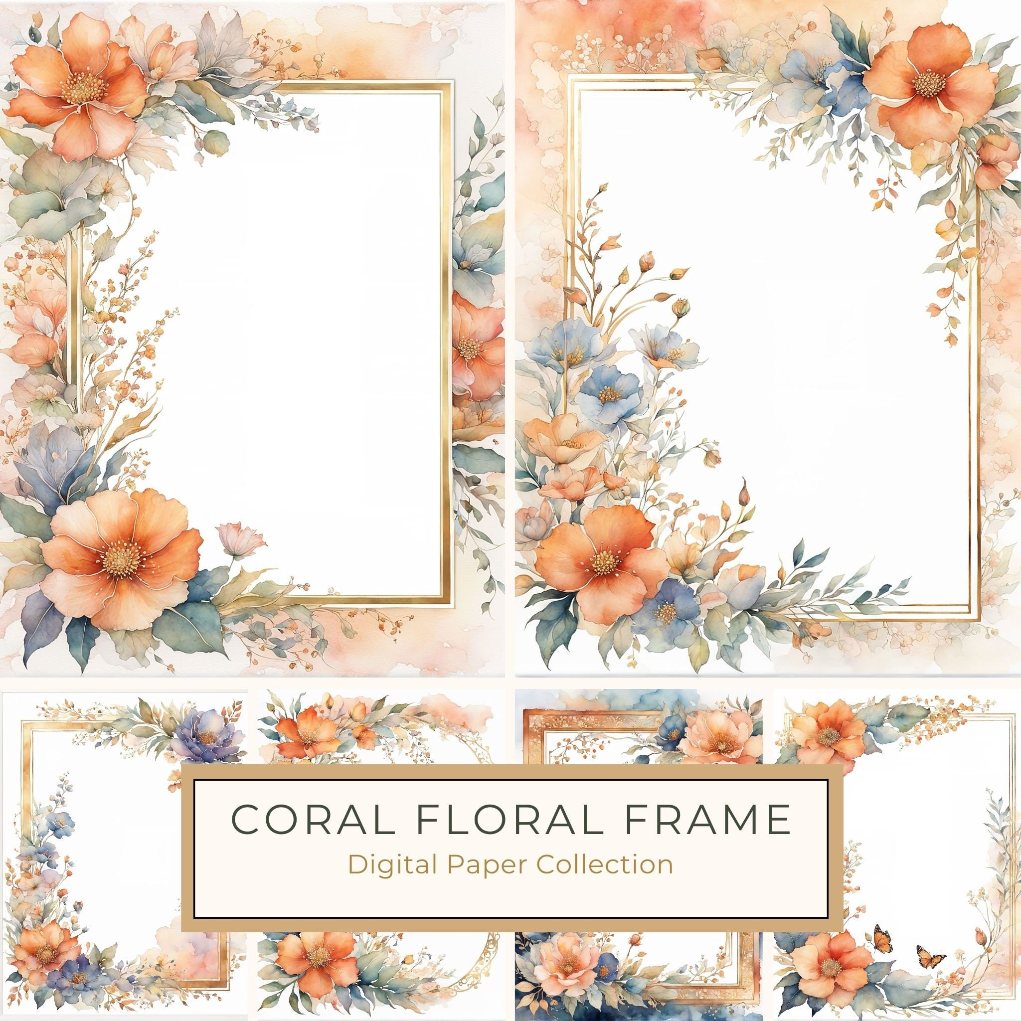 Watercolor Floral Frame Clipart: Coral Pastel Botanical Borders (10 JPGs) (Digital Download)