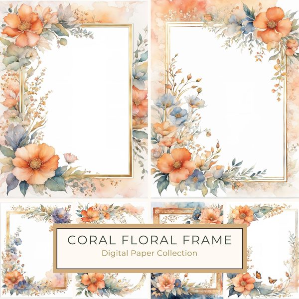 Watercolor Floral Frame Clipart: Coral Pastel Botanical Borders (10 JPGs) (Digital Download)