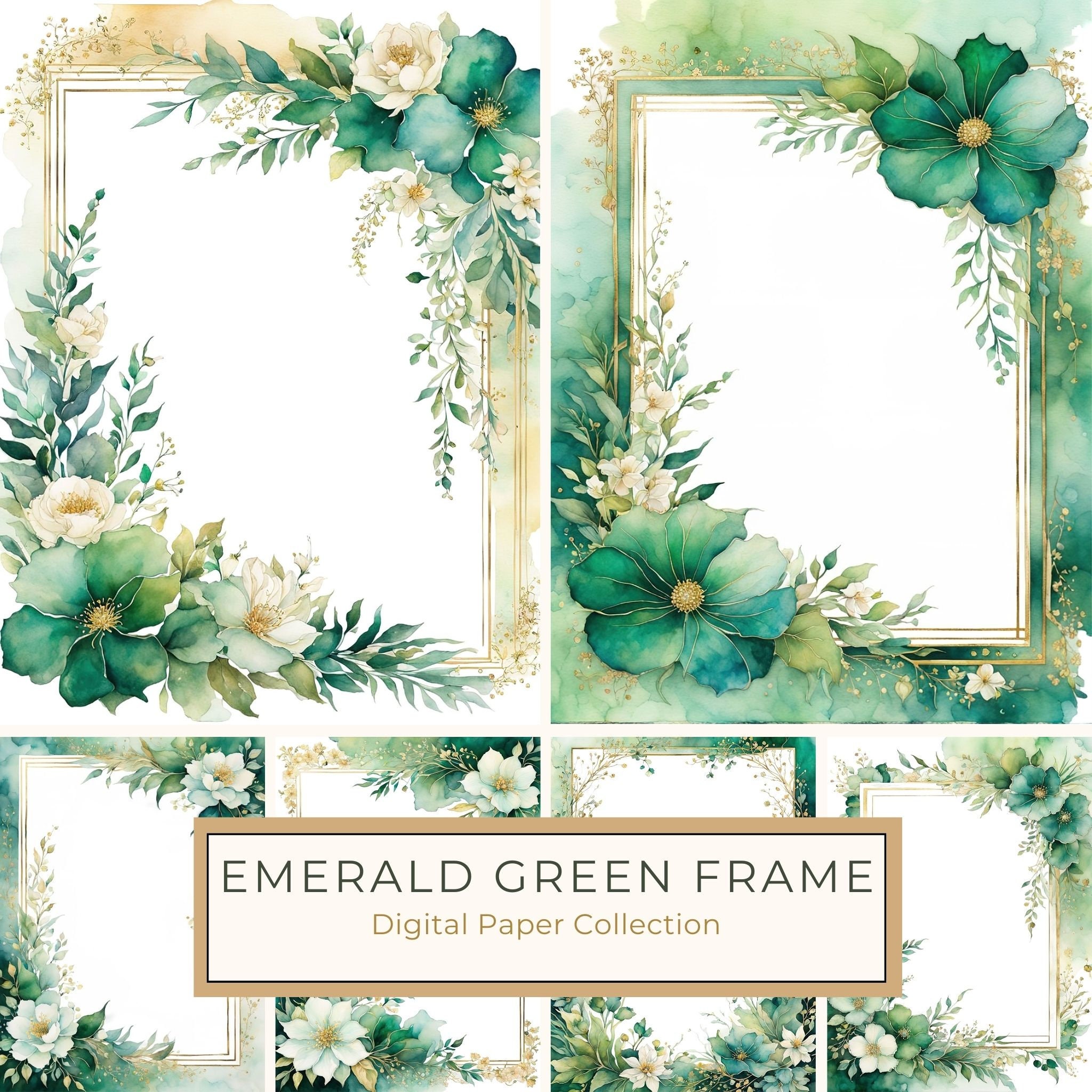 Emerald Green Floral Frame: Botanical Watercolor Art (10 JPGs Digital Download)