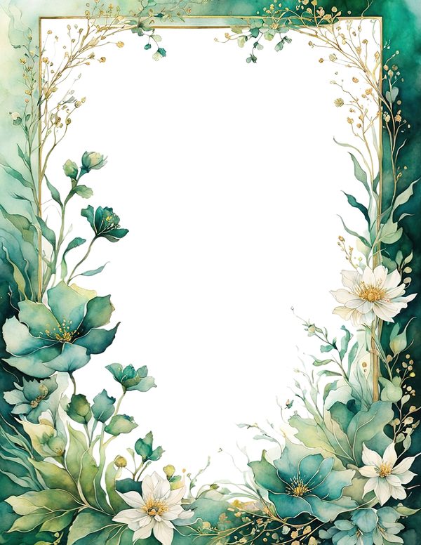 Emerald Green Floral Frame: Botanical Watercolor Art (10 JPGs Digital Download) — image 1