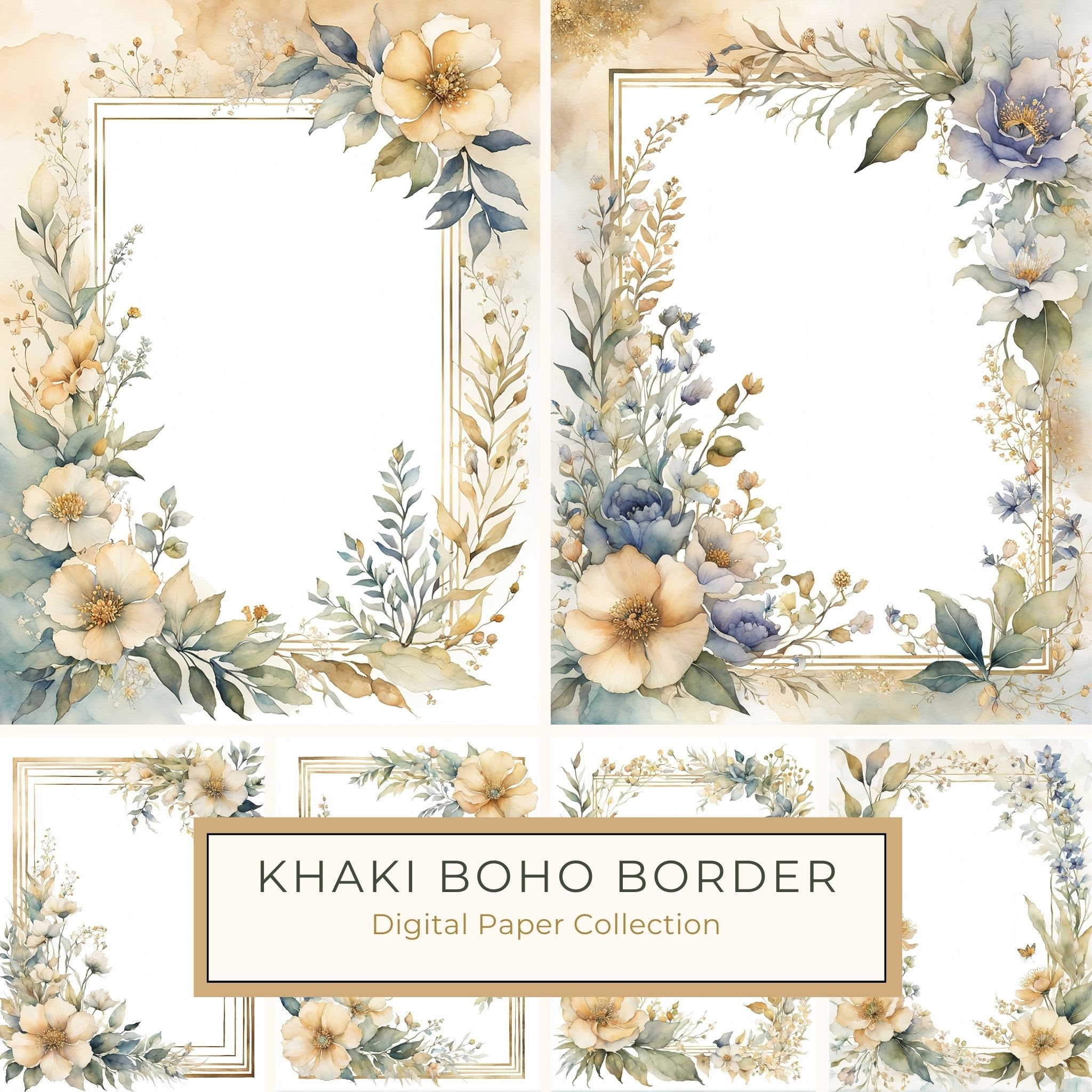 Khaki Floral Frame Digital Paper: Boho Scrapbook Borders (10 JPGs)