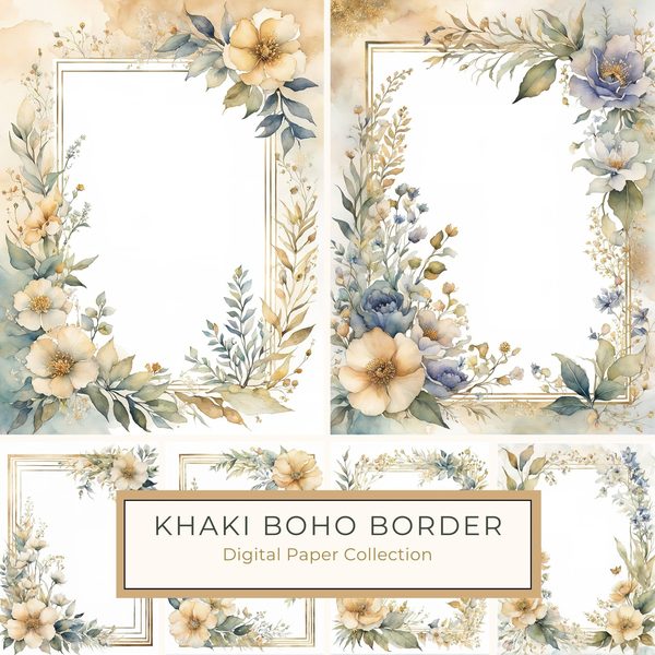 Khaki Floral Frame Digital Paper: Boho Scrapbook Borders (10 JPGs)