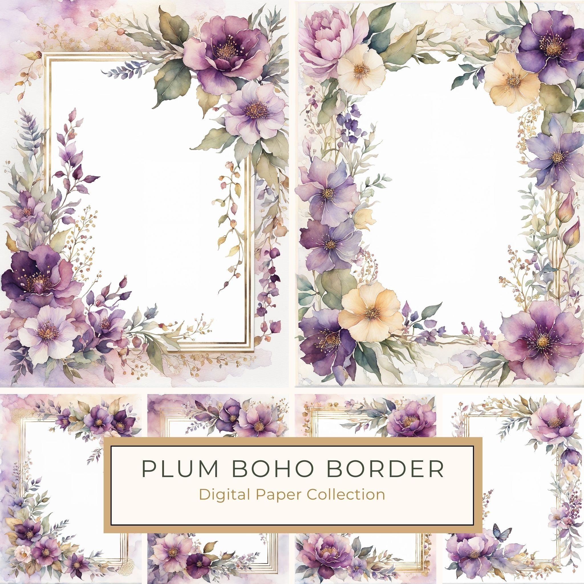 Plum Floral Frame Digital Paper Pack: Watercolor Botanical Borders (10 JPGs)