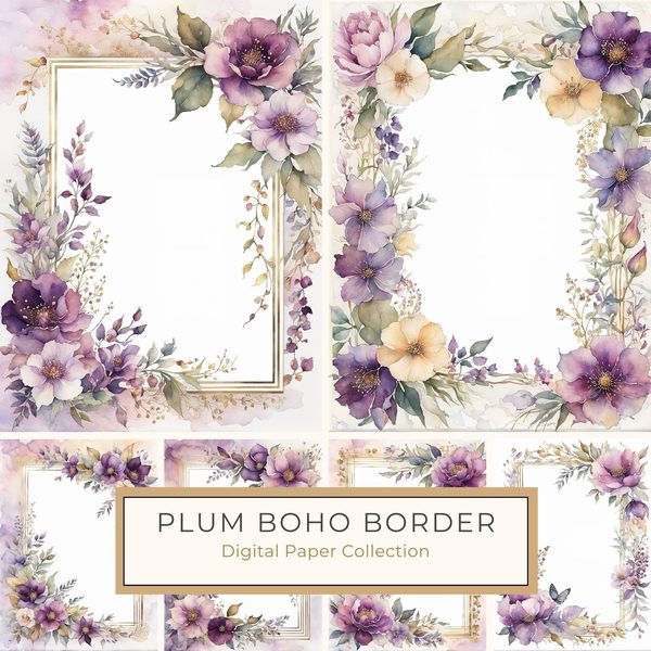 Plum Floral Frame Digital Paper Pack: Watercolor Botanical Borders (10 JPGs)