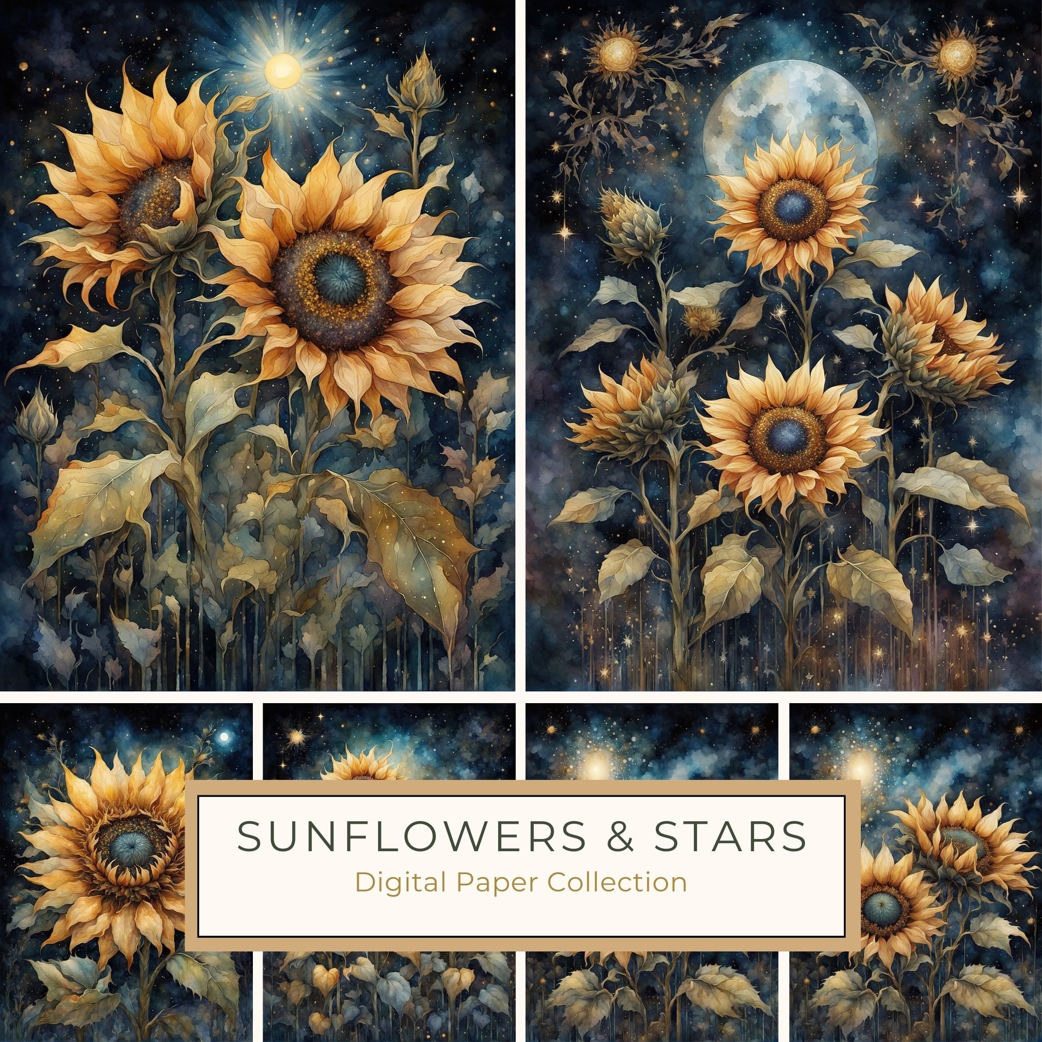 Sunflowers Starry Night Digital Paper Pack: Watercolor Floral JPGs (Commercial Use)