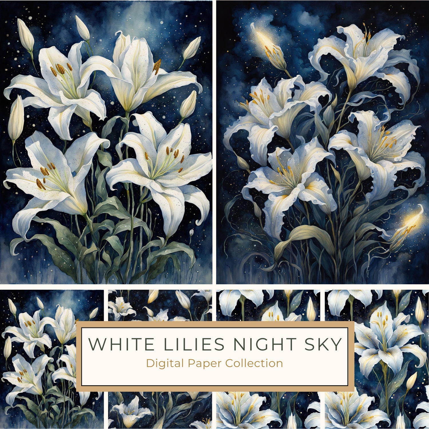 Watercolor Lilies Digital Paper: Night Sky Art (10 JPGs) (Digital Download)