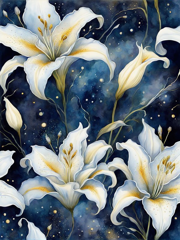 Watercolor Lilies Digital Paper: Night Sky Art (10 JPGs) (Digital Download) — image 2