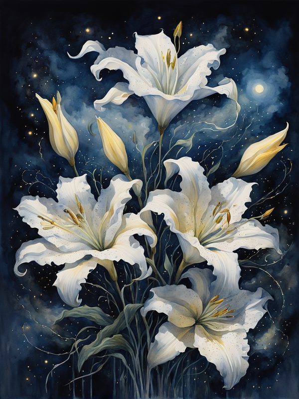 Watercolor Lilies Digital Paper: Night Sky Art (10 JPGs) (Digital Download) — image 4