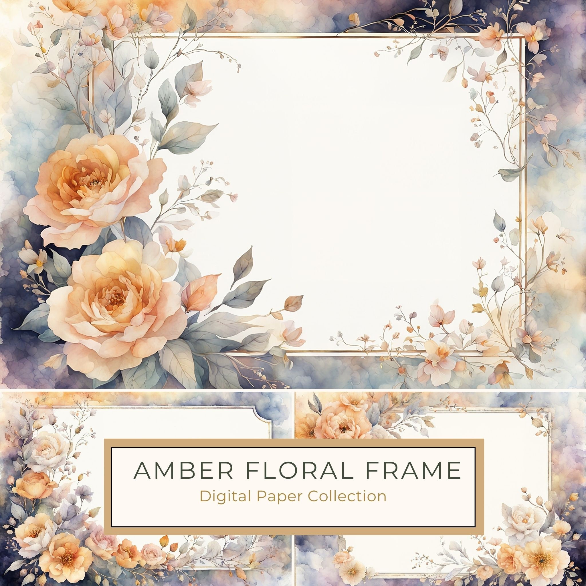Watercolor Floral Frame Digital Paper: Amber & Silver Borders (Digital Download)