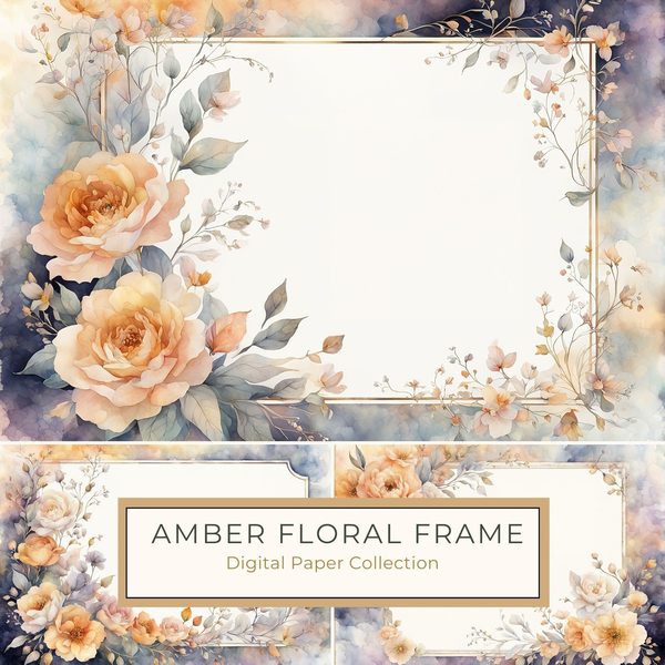 Watercolor Floral Frame Digital Paper: Amber & Silver Borders (Digital Download)