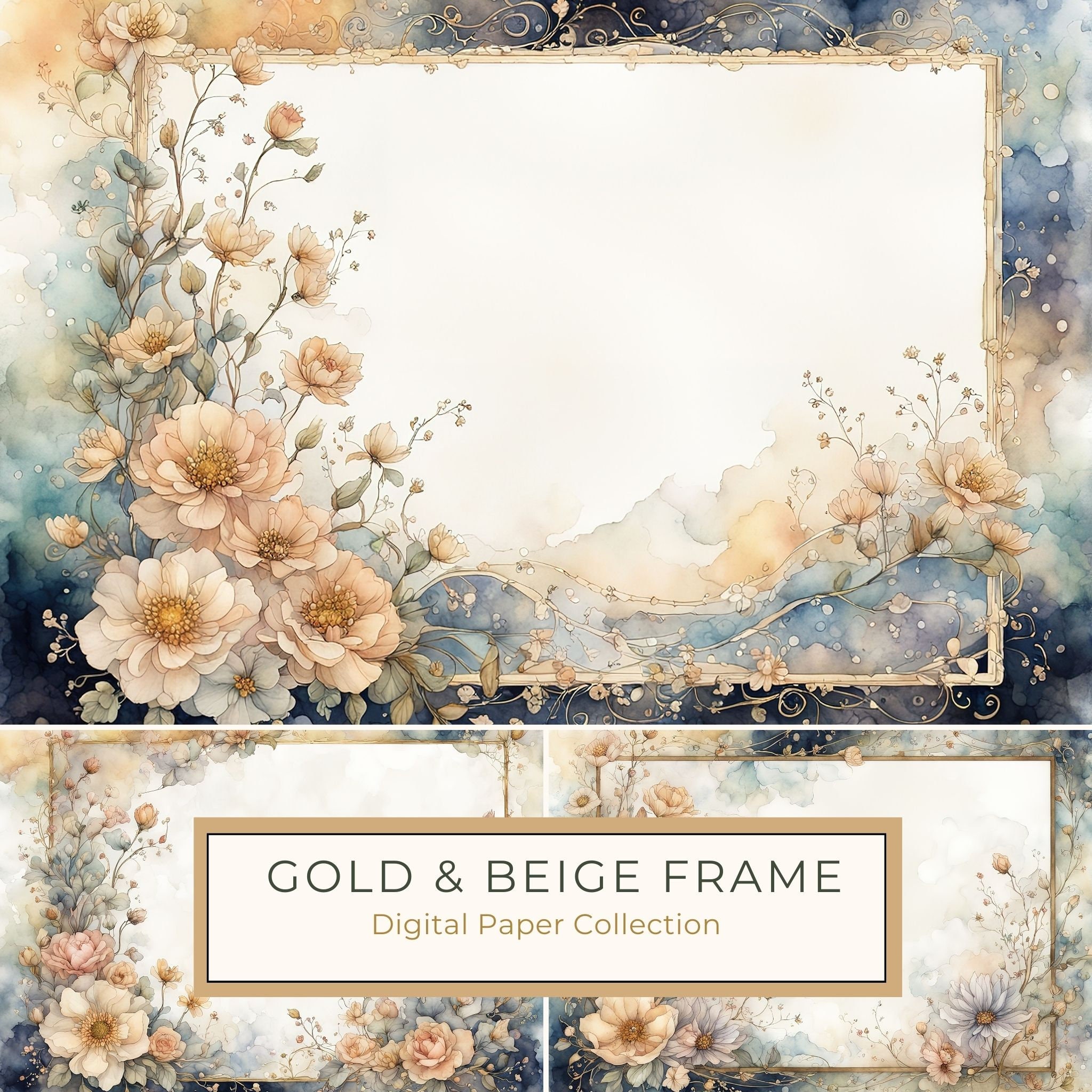Gold Beige Floral Watercolor Paper Pack: Scrapbook Backgrounds (10 JPGs)