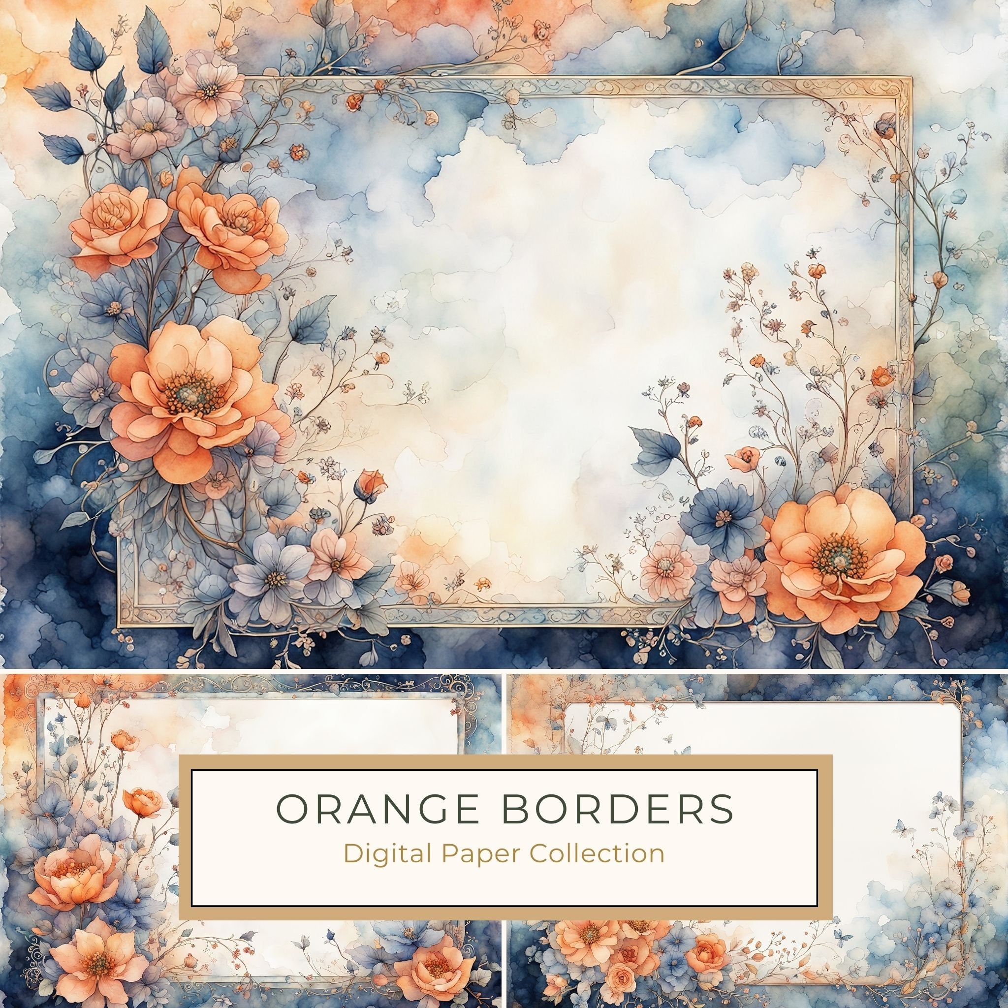 Orange & Blue Watercolor Digital Paper: Floral Page Borders (10 JPGs)