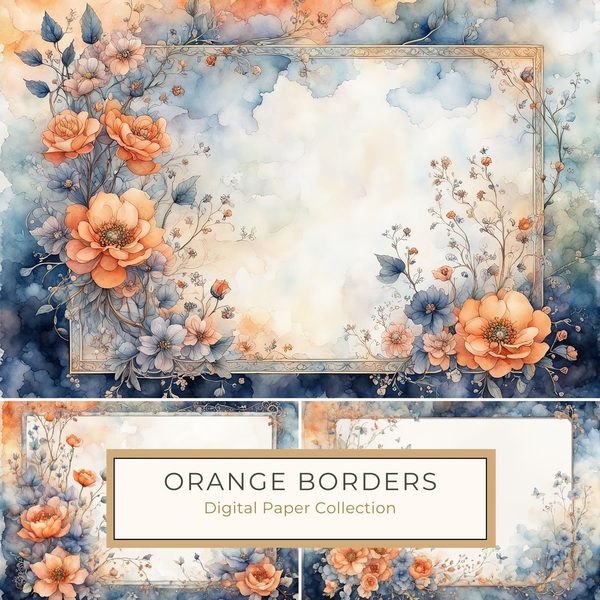 Orange & Blue Watercolor Digital Paper: Floral Page Borders (10 JPGs)