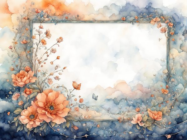 Orange & Blue Watercolor Digital Paper: Floral Page Borders (10 JPGs) — image 1