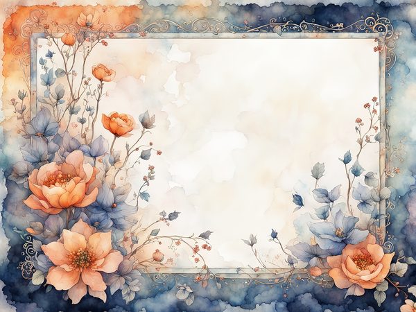 Orange & Blue Watercolor Digital Paper: Floral Page Borders (10 JPGs) — image 2