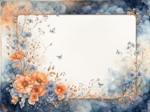 Orange & Blue Watercolor Digital Paper: Floral Page Borders (10 JPGs) — image 3