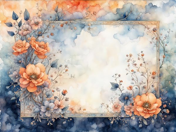 Orange & Blue Watercolor Digital Paper: Floral Page Borders (10 JPGs) — image 4