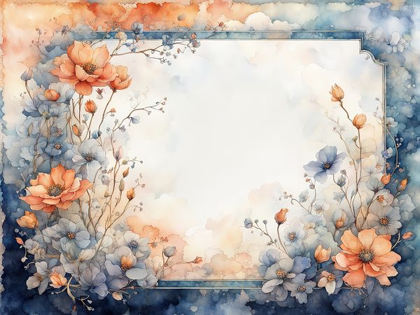 Orange & Blue Watercolor Digital Paper: Floral Page Borders (10 JPGs) — image 5