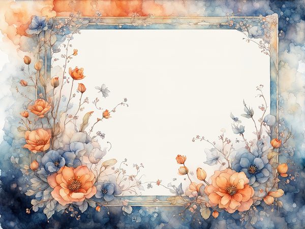 Orange & Blue Watercolor Digital Paper: Floral Page Borders (10 JPGs) — image 6