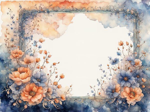 Orange & Blue Watercolor Digital Paper: Floral Page Borders (10 JPGs) — image 8