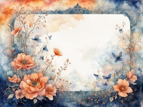 Orange & Blue Watercolor Digital Paper: Floral Page Borders (10 JPGs) — image 9