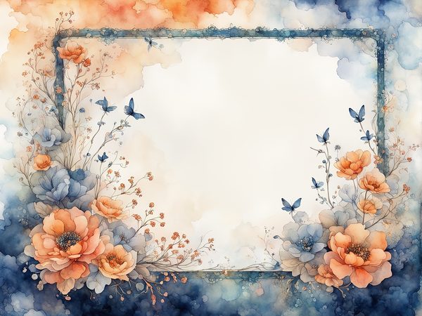 Orange & Blue Watercolor Digital Paper: Floral Page Borders (10 JPGs) — image 10