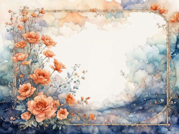 Orange & Blue Watercolor Digital Paper: Floral Page Borders (10 JPGs) — image 11