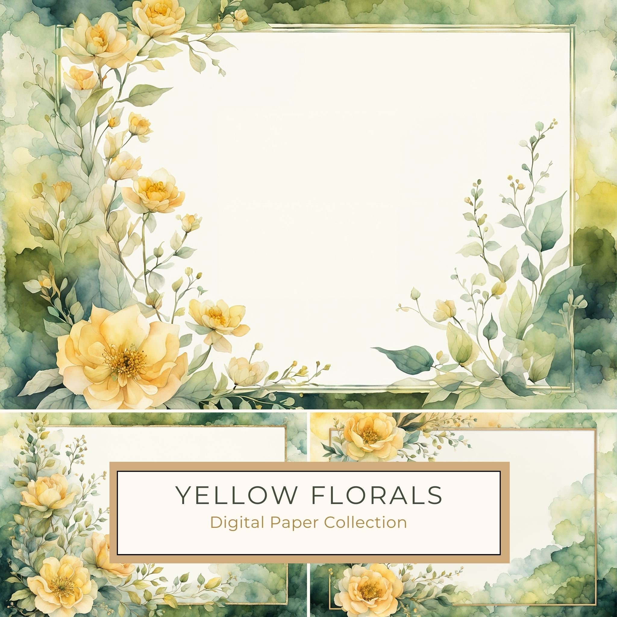 Watercolor Yellow Floral Digital Paper: Green Background, Page Frames (10 JPGs) (Commercial Use)