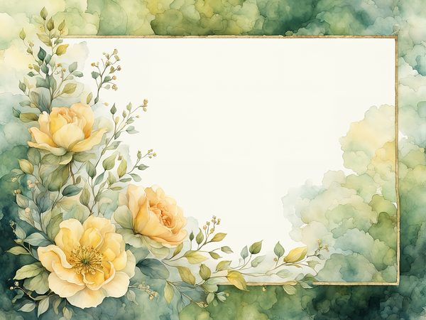 Watercolor Yellow Floral Digital Paper: Green Background, Page Frames (10 JPGs) (Commercial Use) — image 1