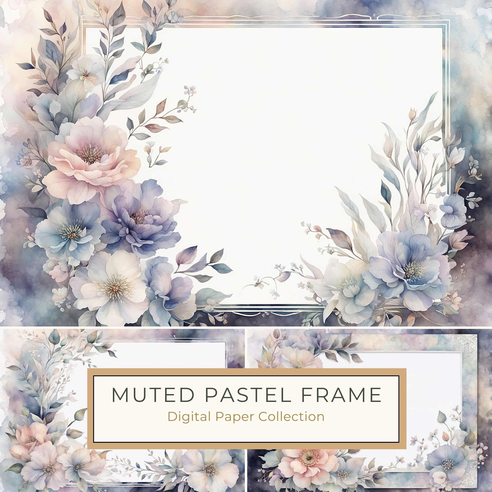 Pastel Floral Frame Digital Paper Pack: Gray Watercolor Design (10 JPGs)