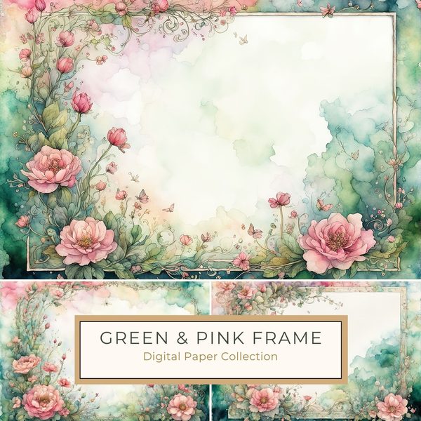 Watercolor Floral Frame Digital Paper: Green & Pink (10 JPGs)