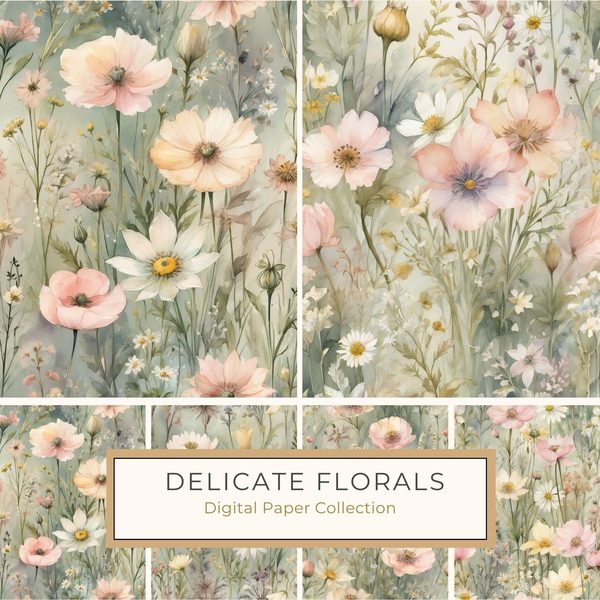 Watercolor Wildflower Digital Paper: Soft Green Floral Art (10 JPGs)