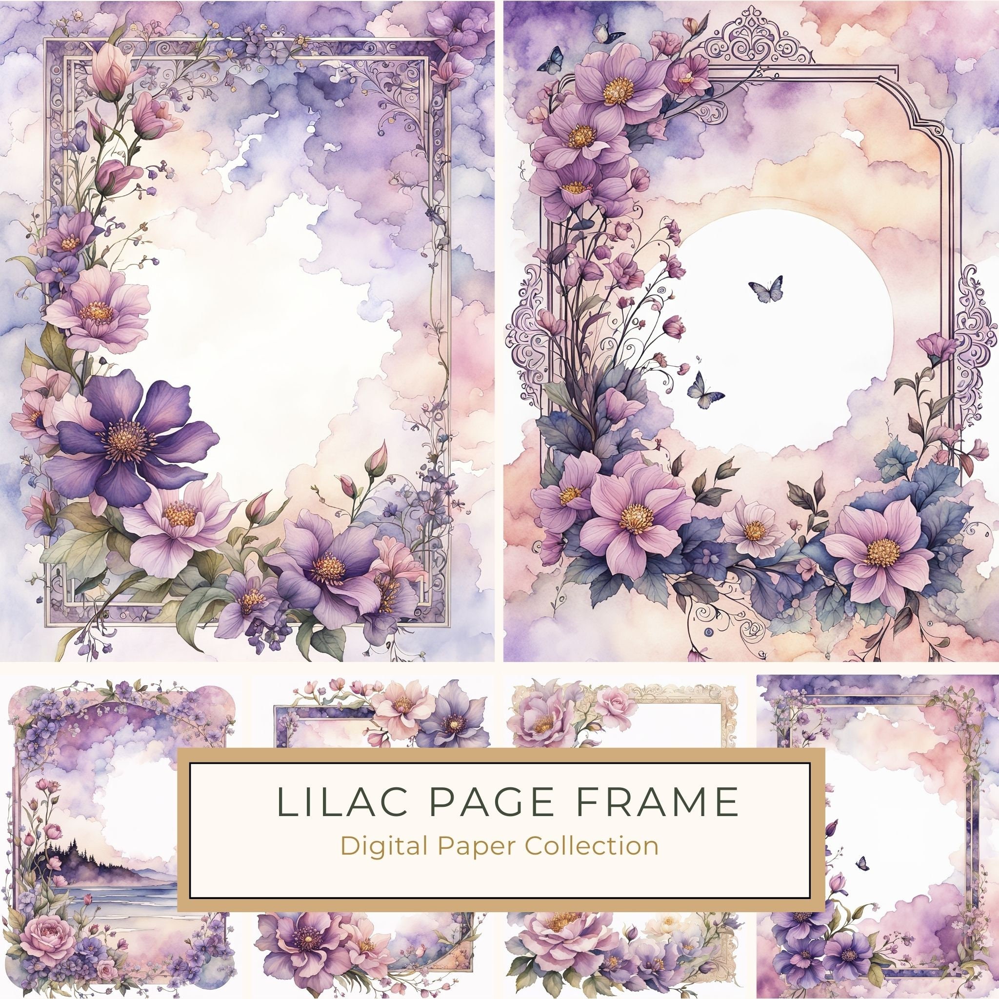 Watercolor Lilac Floral Frame: Boho Digital Paper Pack (10 JPGs)