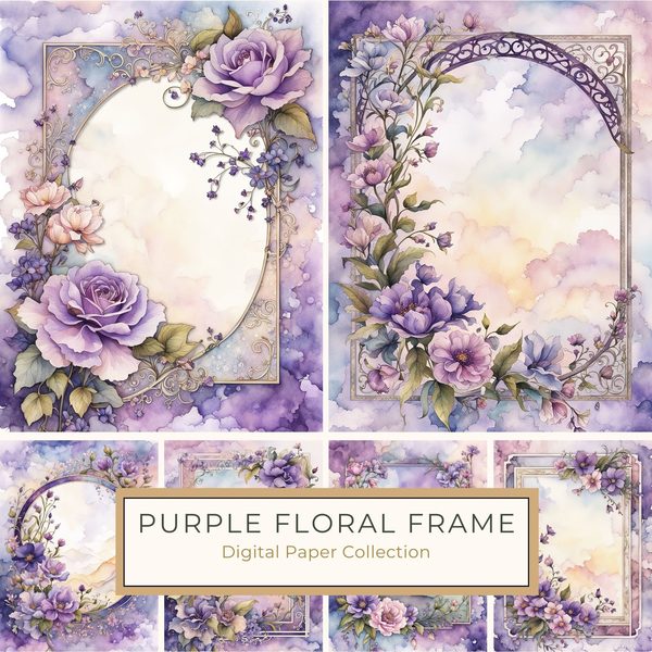 Purple Floral Watercolor Border: Boho Digital Paper Pack (10 JPGs, Digital Download, Commercial Use)