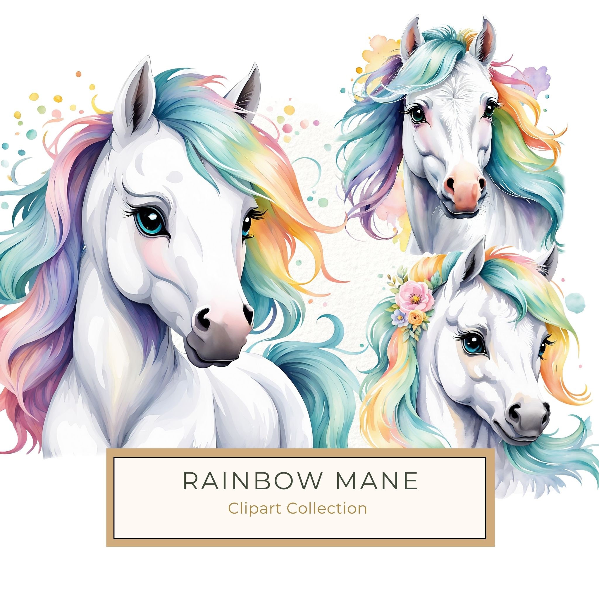 Rainbow Mane White Horse Clipart: Nursery Pony Art, Journaling PNGs, Commerical use