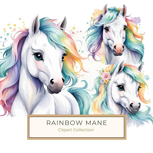 Rainbow Mane White Horse Clipart: Nursery Pony Art, Journaling PNGs, Commerical use