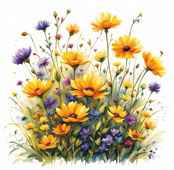 Wildflower Buttercup Clipart: Yellow Cosmos & Daisies, Watercolor Flowerbed (Digital Download) — image 1