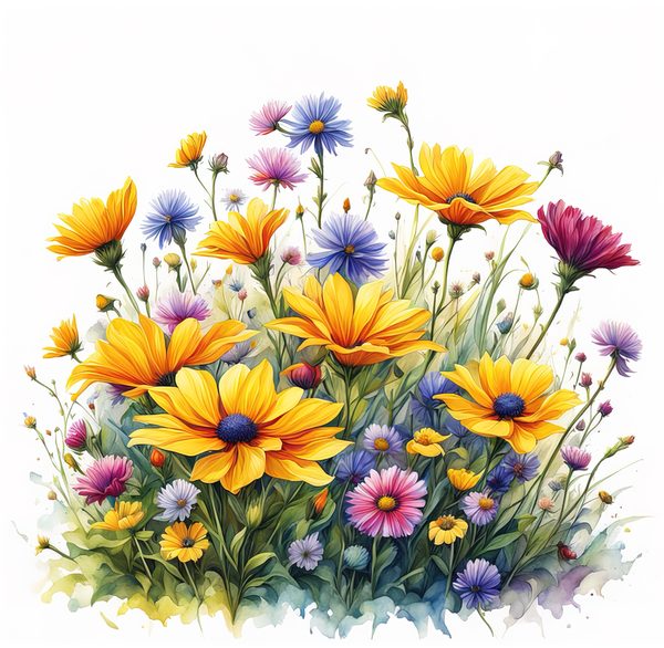 Wildflower Buttercup Clipart: Yellow Cosmos & Daisies, Watercolor Flowerbed (Digital Download) — image 3