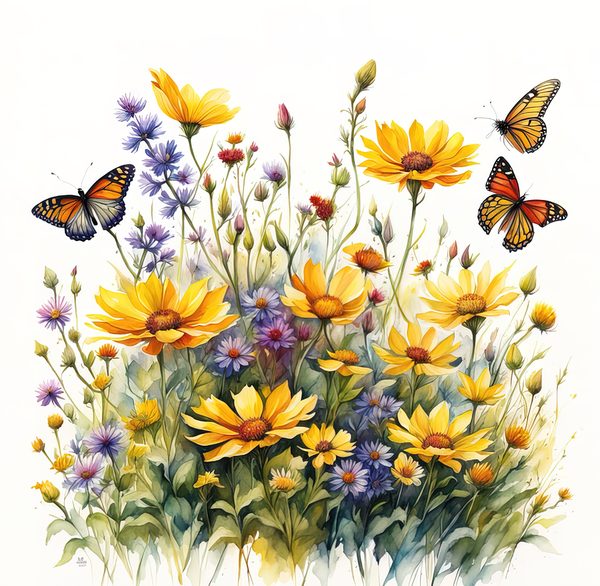 Wildflower Buttercup Clipart: Yellow Cosmos & Daisies, Watercolor Flowerbed (Digital Download) — image 4