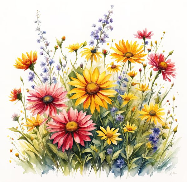 Wildflower Buttercup Clipart: Yellow Cosmos & Daisies, Watercolor Flowerbed (Digital Download) — image 5