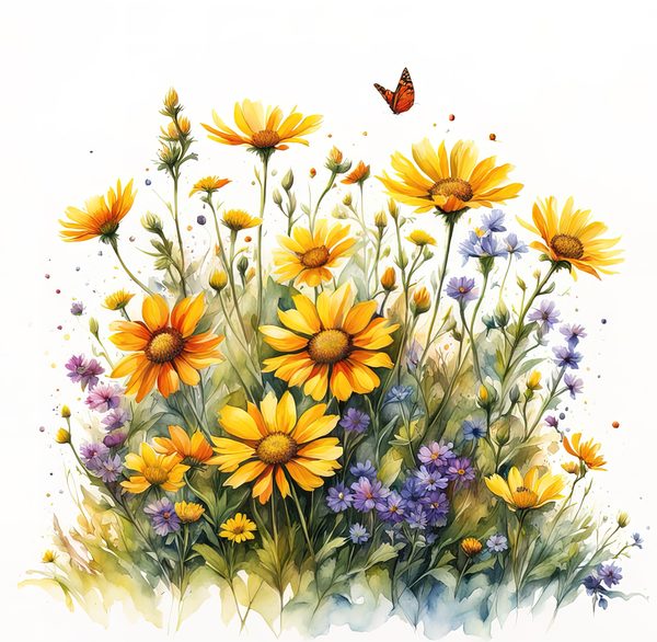 Wildflower Buttercup Clipart: Yellow Cosmos & Daisies, Watercolor Flowerbed (Digital Download) — image 6