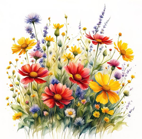 Wildflower Buttercup Clipart: Yellow Cosmos & Daisies, Watercolor Flowerbed (Digital Download) — image 7