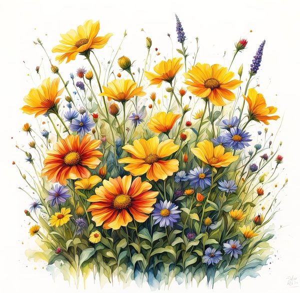 Wildflower Buttercup Clipart: Yellow Cosmos & Daisies, Watercolor Flowerbed (Digital Download) — image 9