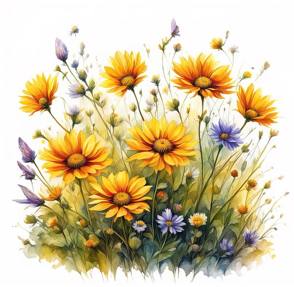Wildflower Buttercup Clipart: Yellow Cosmos & Daisies, Watercolor Flowerbed (Digital Download) — image 11