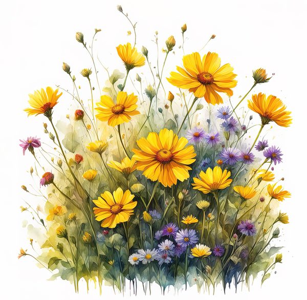 Wildflower Buttercup Clipart: Yellow Cosmos & Daisies, Watercolor Flowerbed (Digital Download) — image 12