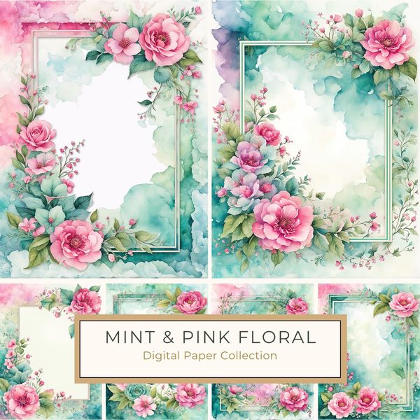 Pink Floral Watercolor Backgrounds: Scrapbook Art, Commercial Use (10 JPGs)