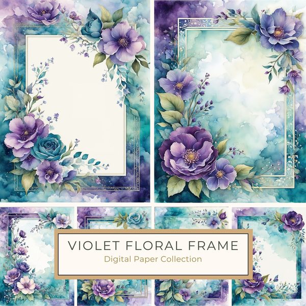 Watercolor Violet Floral Frame Paper Pack: Teal Accents (10 JPGs)