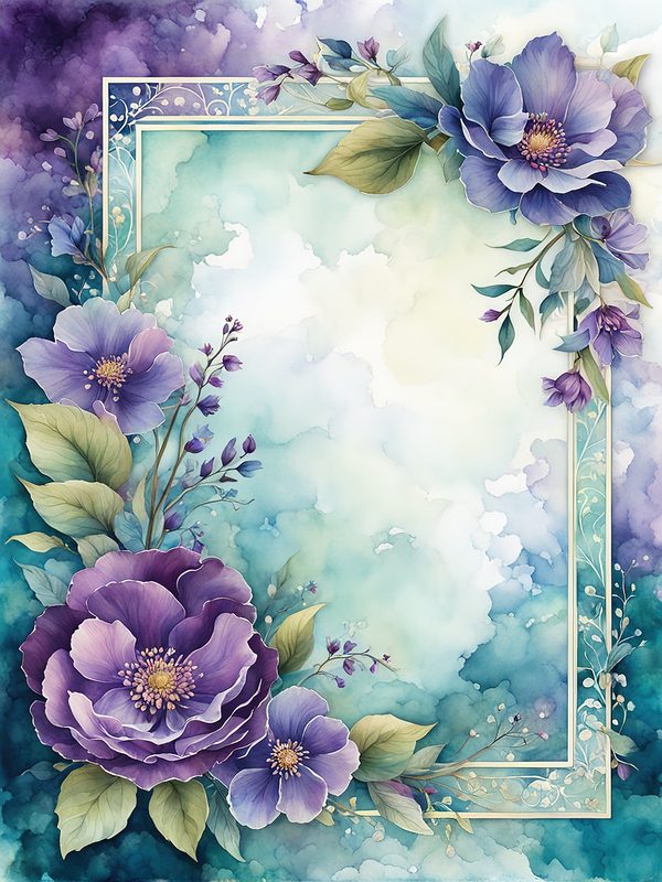 Watercolor Violet Floral Frame Paper Pack: Teal Accents (10 JPGs) — image 1
